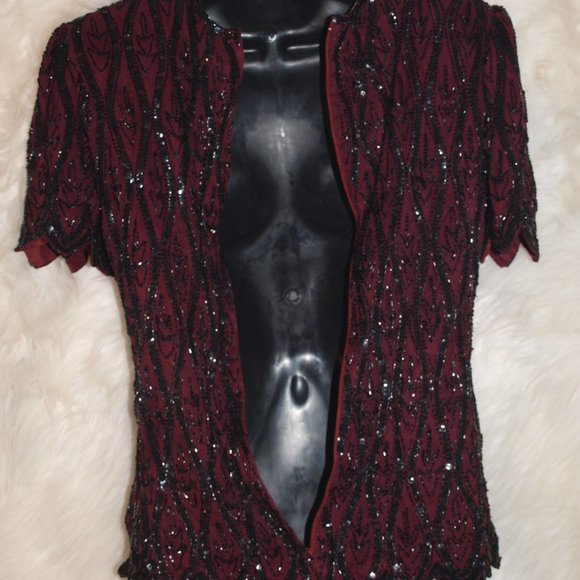 Maroon with Black sequin design Blouse BY STENAY Size S - Picture 3 of 5